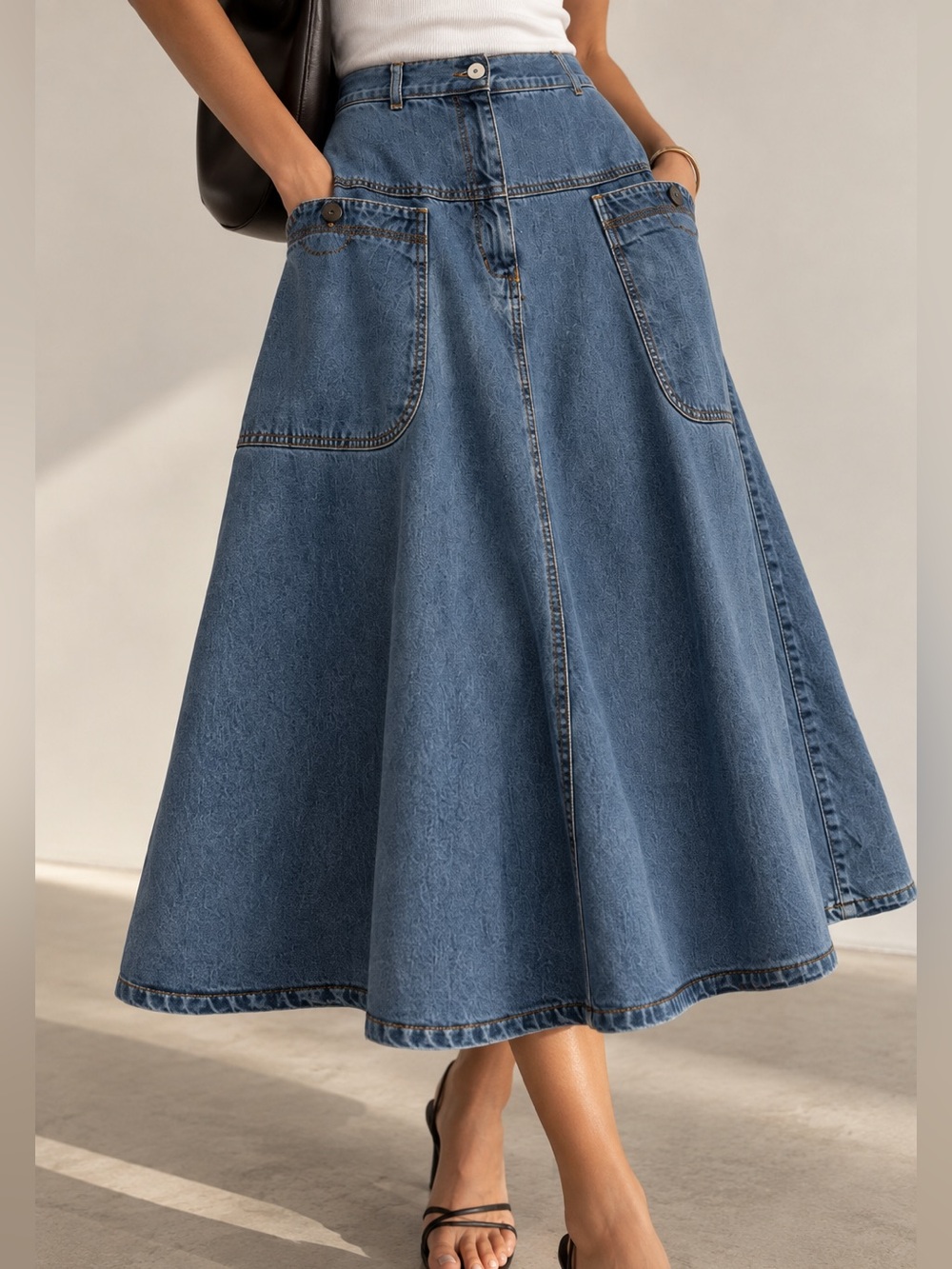 Vintage Harvé Benard Denim A-Line Midi Skirt Size 12 Utility Pockets 90s